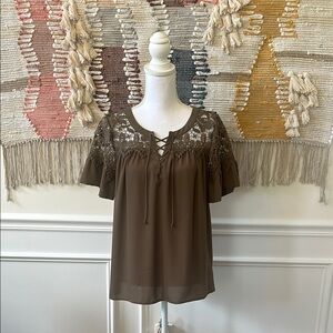 Express Brown Flutter Sleeve Tie Front Blouse
